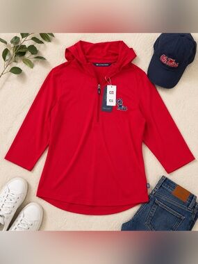 NWT Cutter & Buck Ole Miss Red Quarter Zip Hoodie Pullover Women’s Small